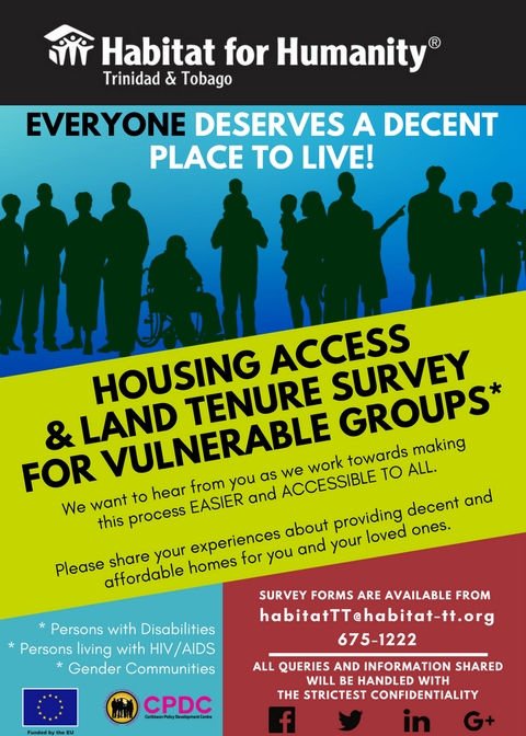 Blue, green and red flyer promoting a survey on Housing Access and Land Tenure for PwDs, Persons living with HIV/AIDS and the LGBTQI+ communities
