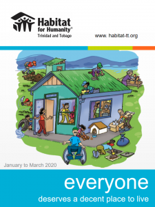 Cover of the April 2020 Newsletter - A cartoon drawing of a simple house, showing the various ways people of all ages and abilities can practice Healthy Housing Habits