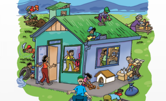 Cover of the April 2020 Newsletter - A cartoon drawing of a simple house, showing the various ways people of all ages and abilities can practice Healthy Housing Habits