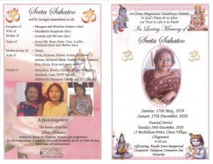 Front and back cover of funeral programme for Seeta Sahatoo, featuring photos and family information